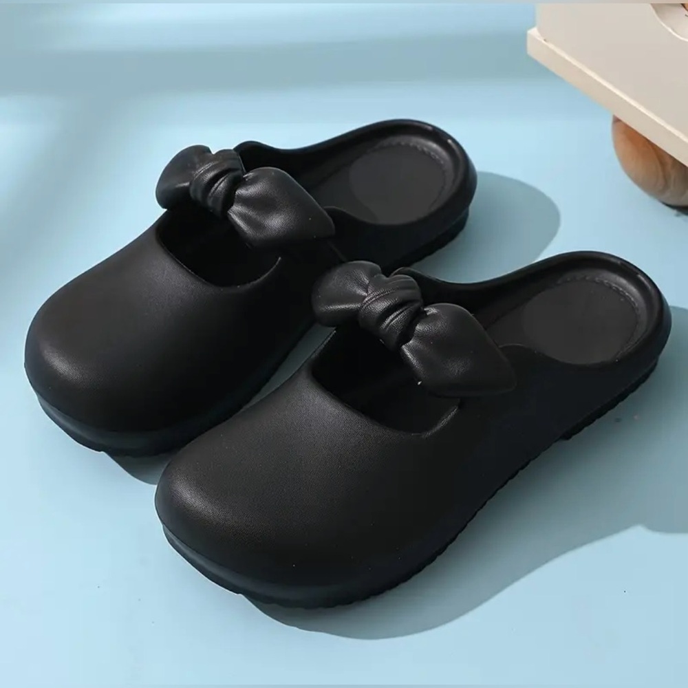 LAST ONE Black Slip-On Clogs with Bow